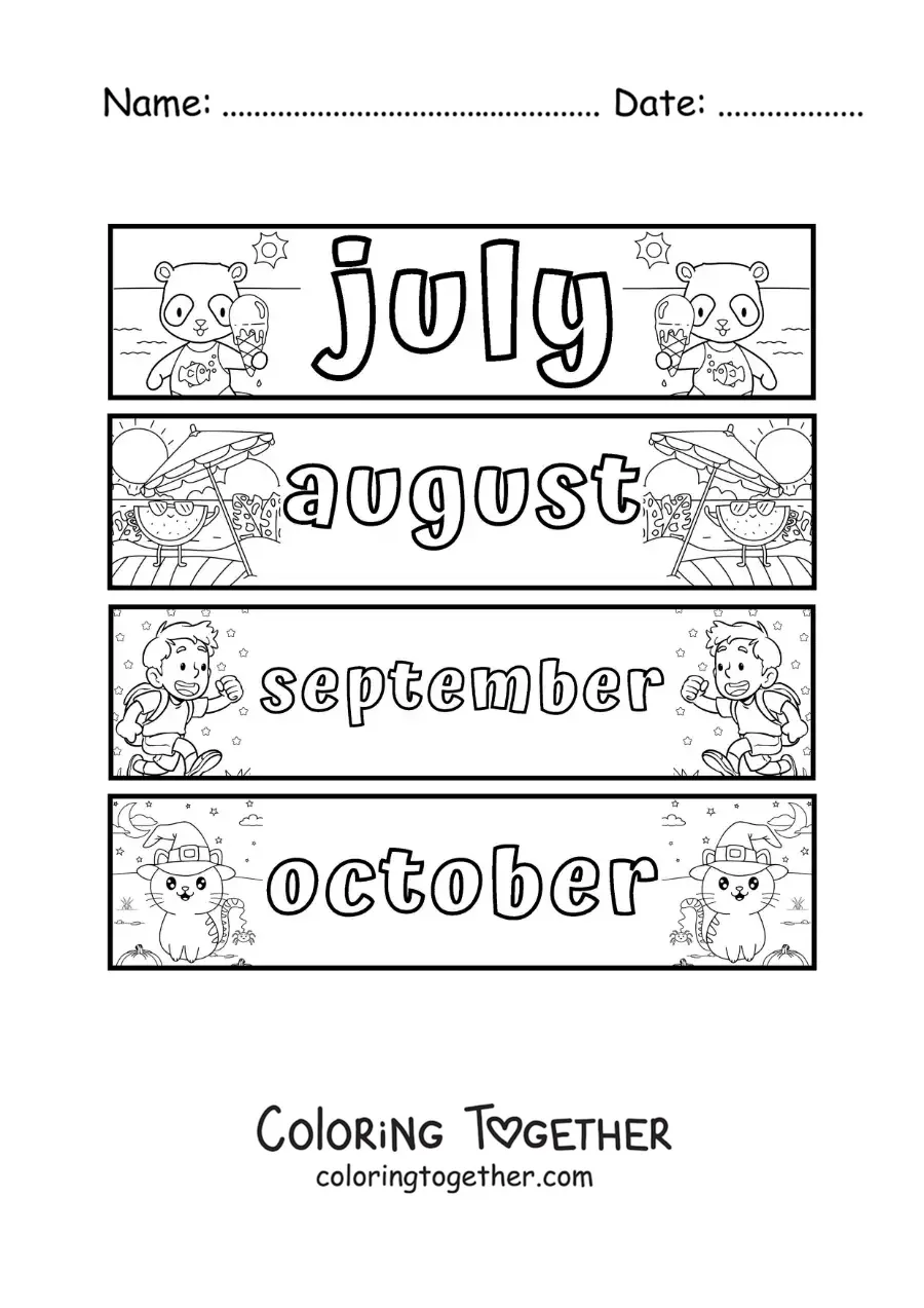 Coloring page of kids flashcards with the months in English from July to October