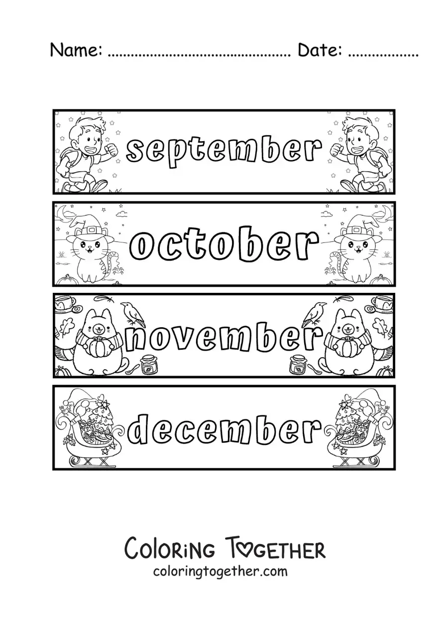 Coloring page of kids flashcards with the months in English from September to December