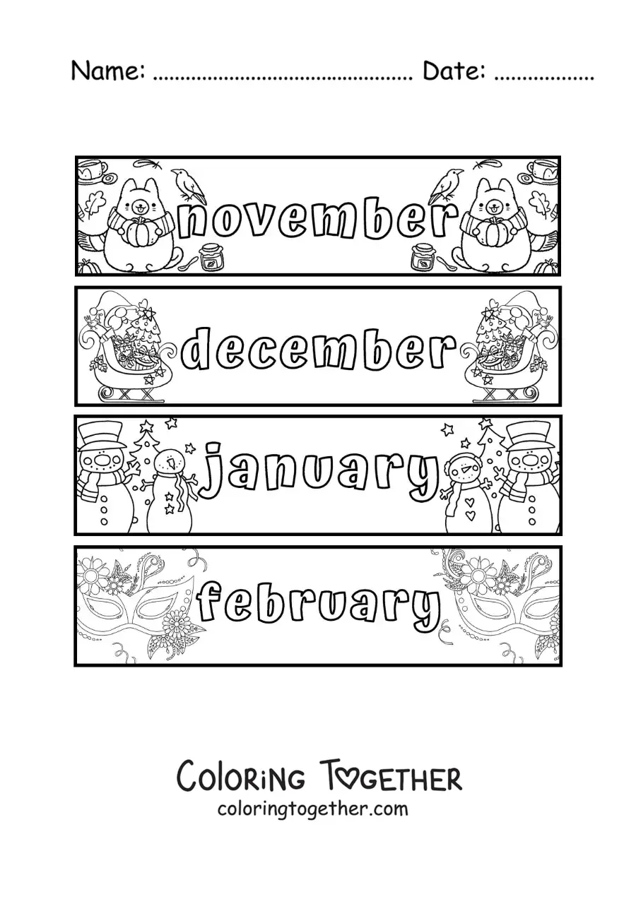 Coloring page of kids flashcards with the months in English from November to February