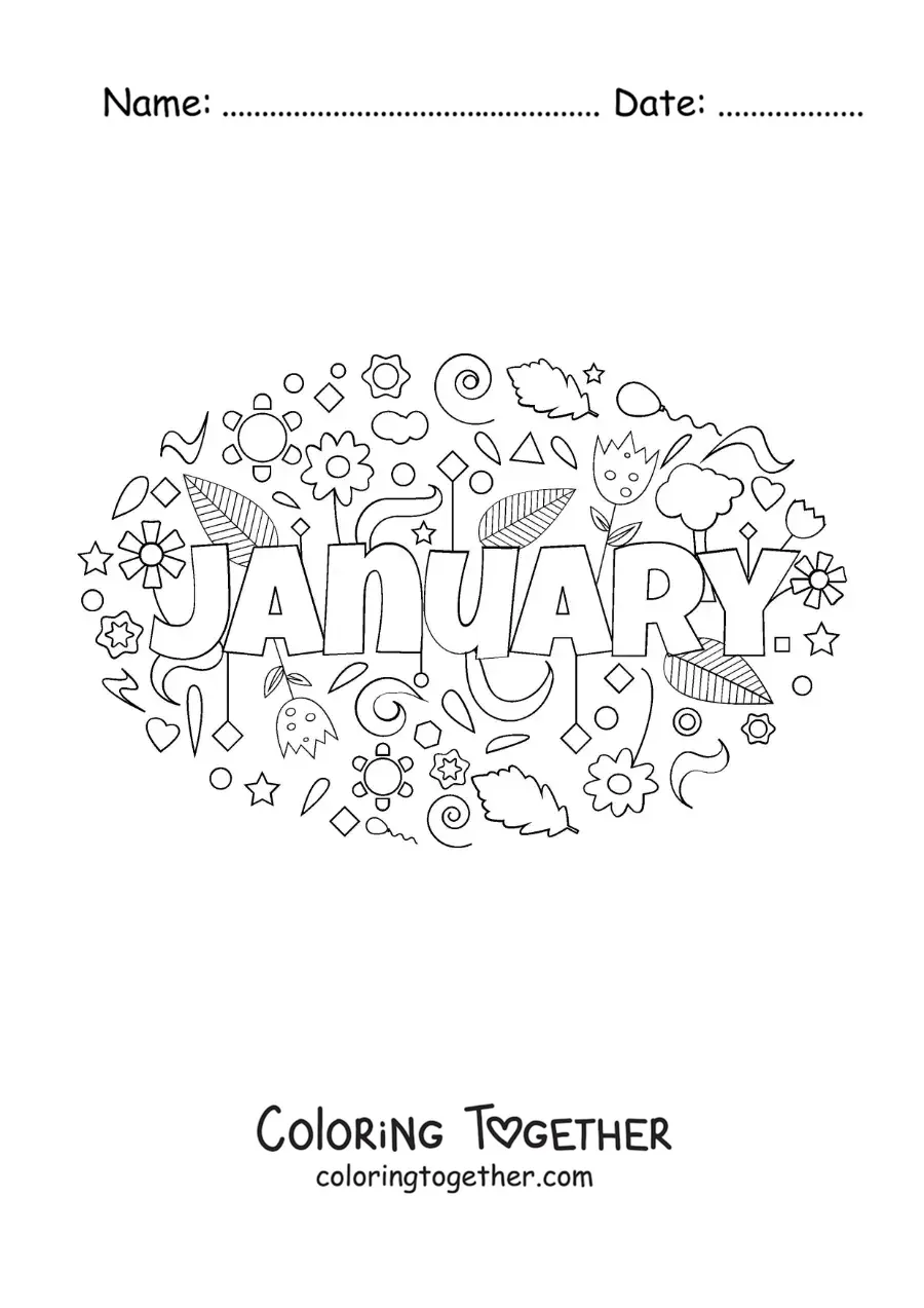 Coloring page of January in English with flowers