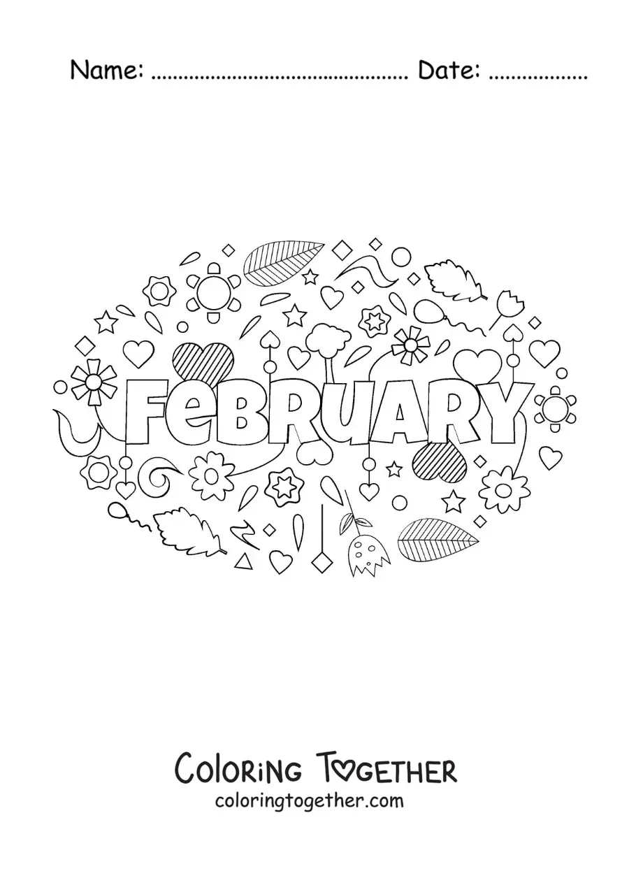 Coloring page of February in English with flowers