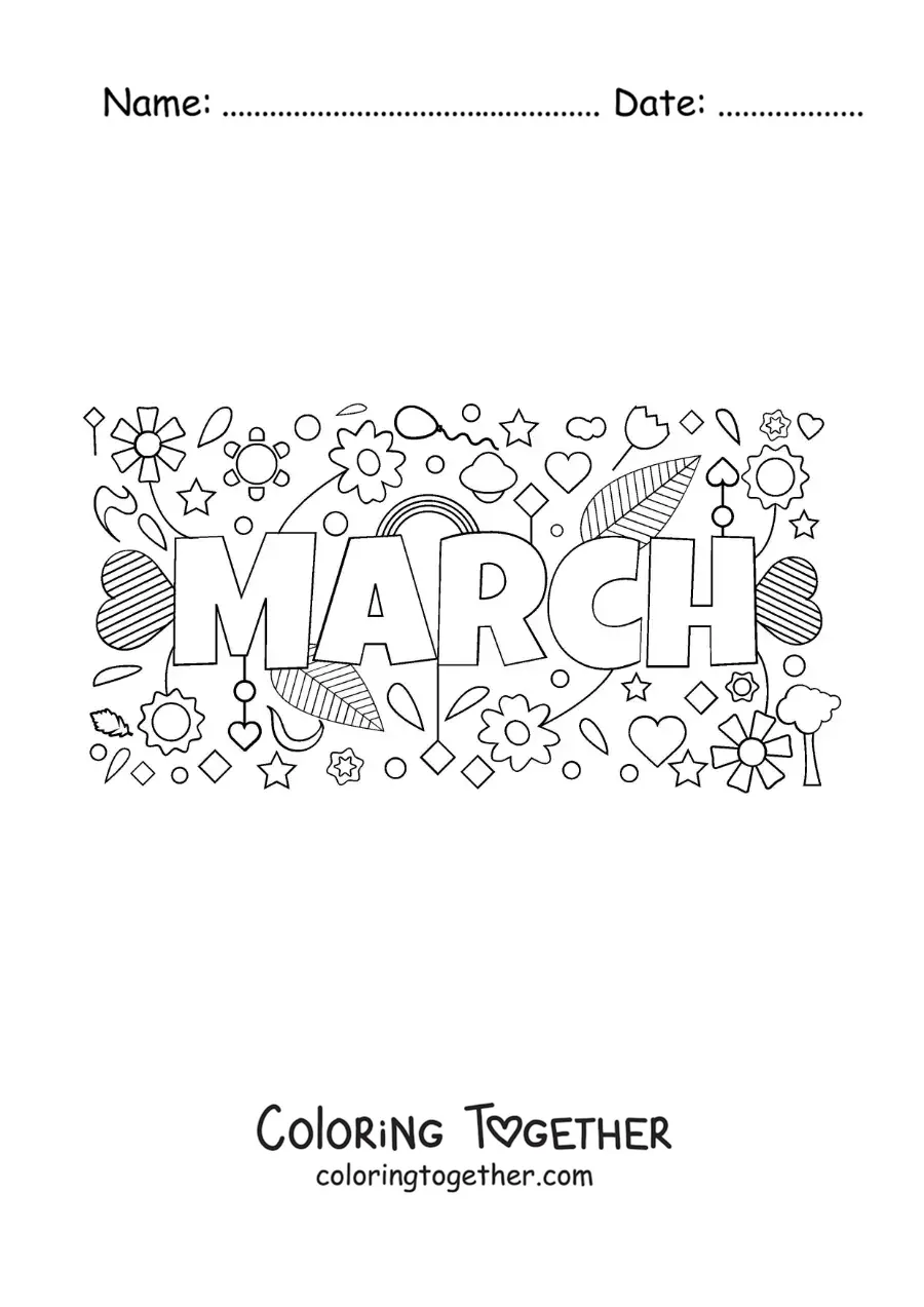 Coloring page of March in English with flowers