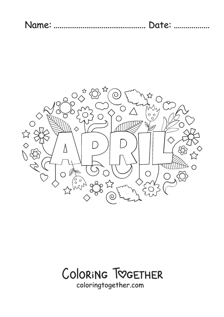 Coloring page of April in English with flowers