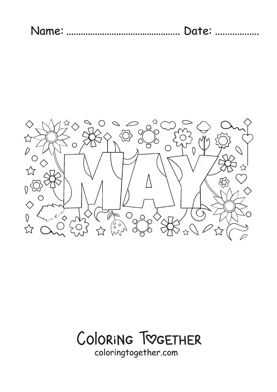 Coloring page of May in English with flowers