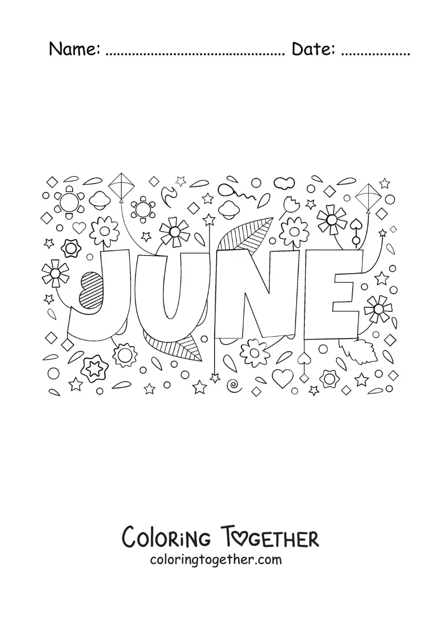 Coloring page of June in English with flowers