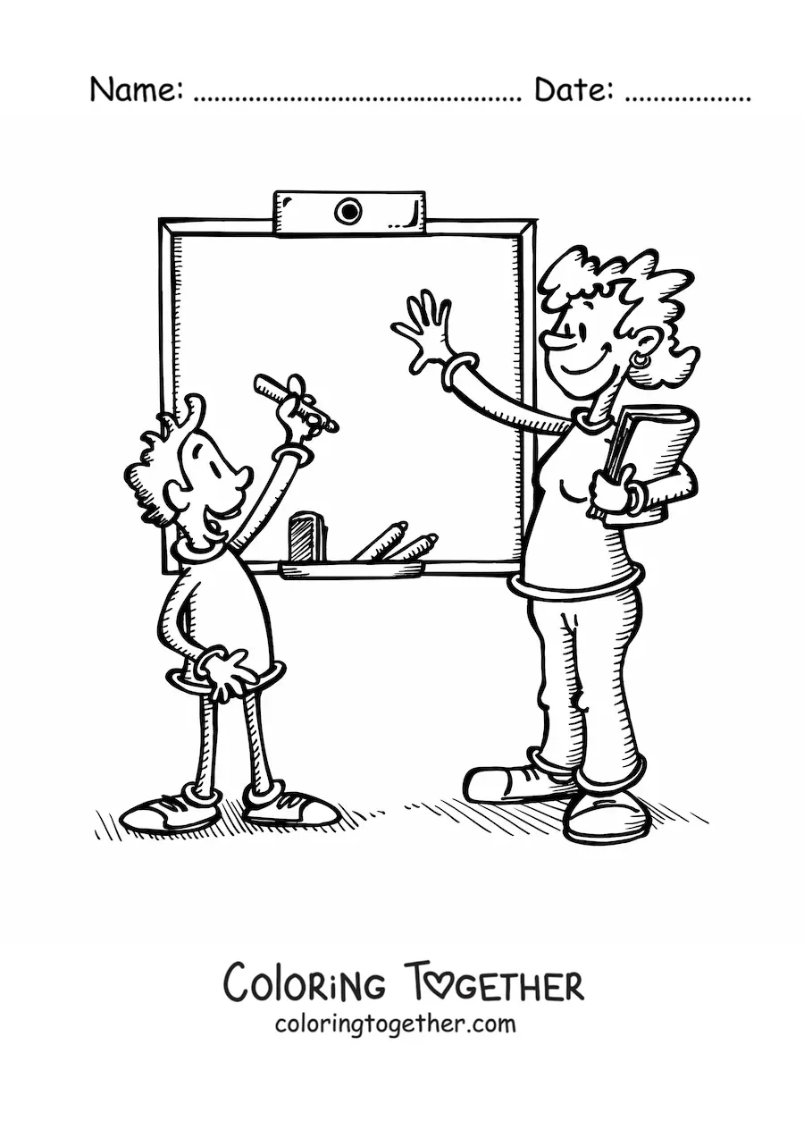 Coloring page of a teacher and a student next to the board