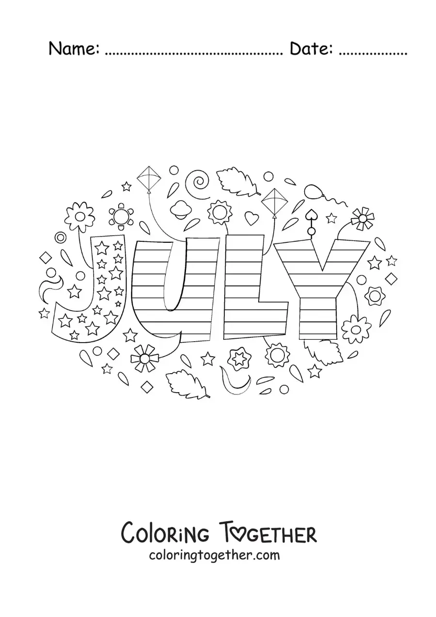 Coloring page of July in English with flowers