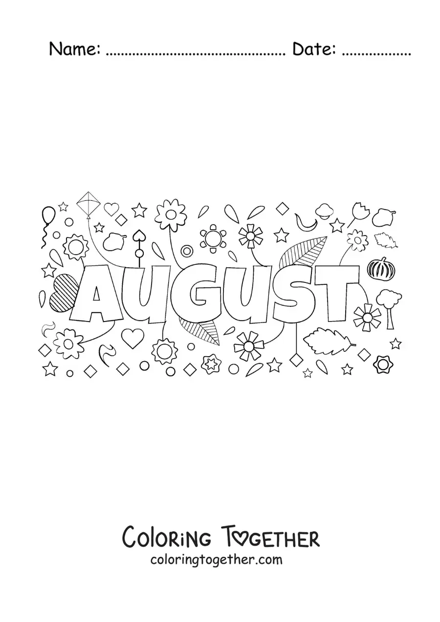 Coloring page of August in English with flowers