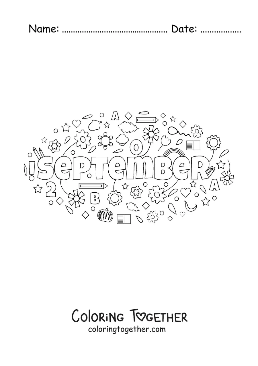 Coloring page of September in English with flowers