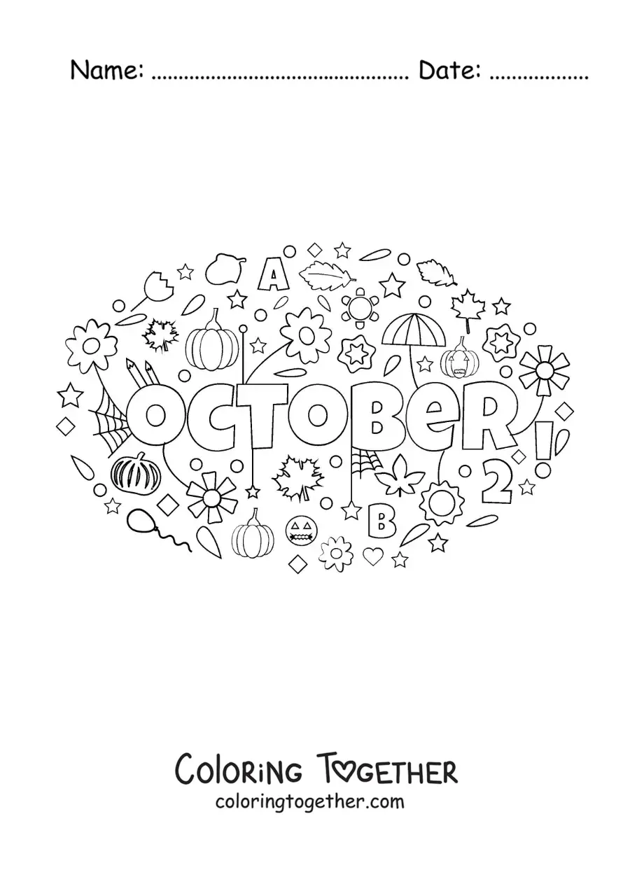 Coloring page of October in English with flowers