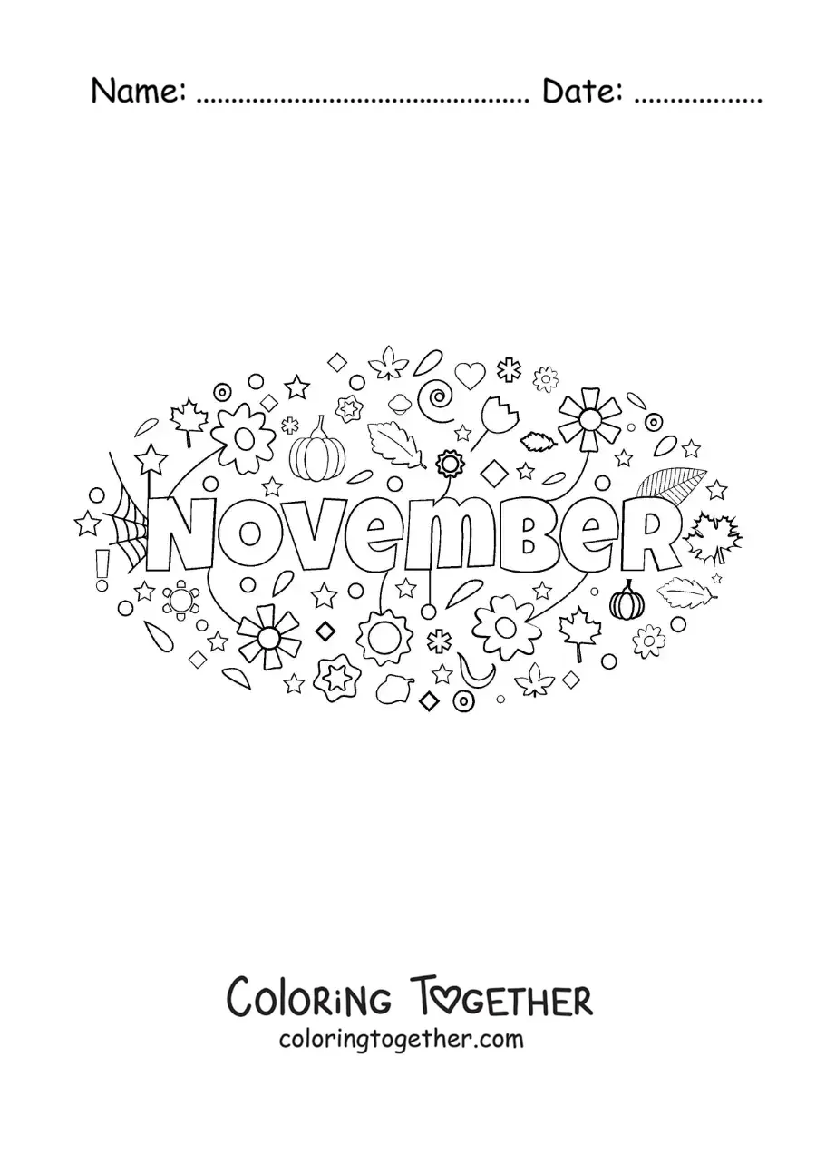 Coloring page of November in English with flowers