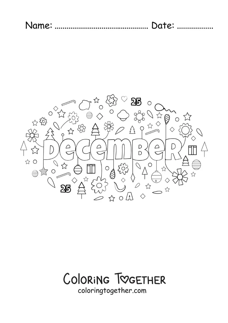 Coloring page of December in English with flowers