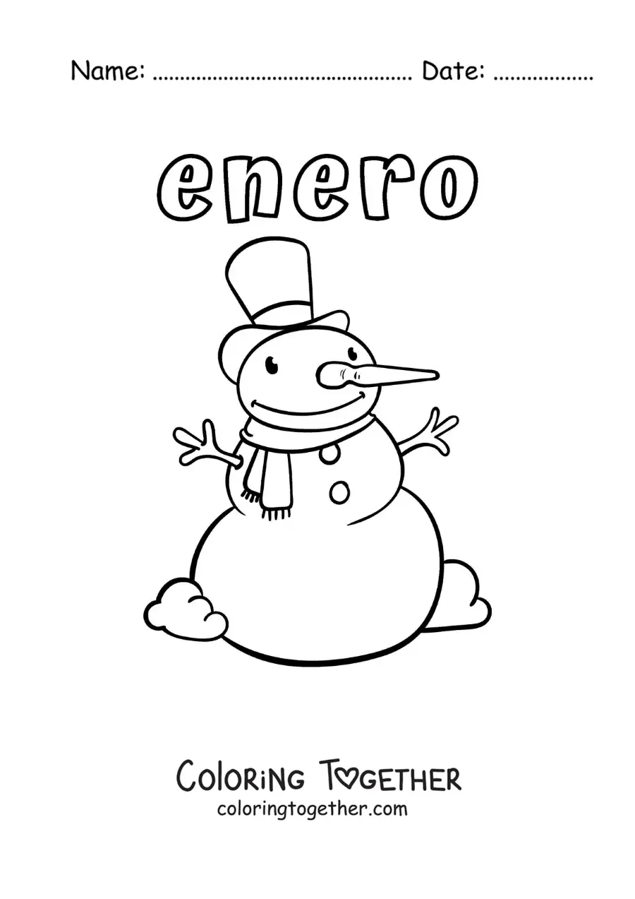 Coloring page of January with an animated snowman