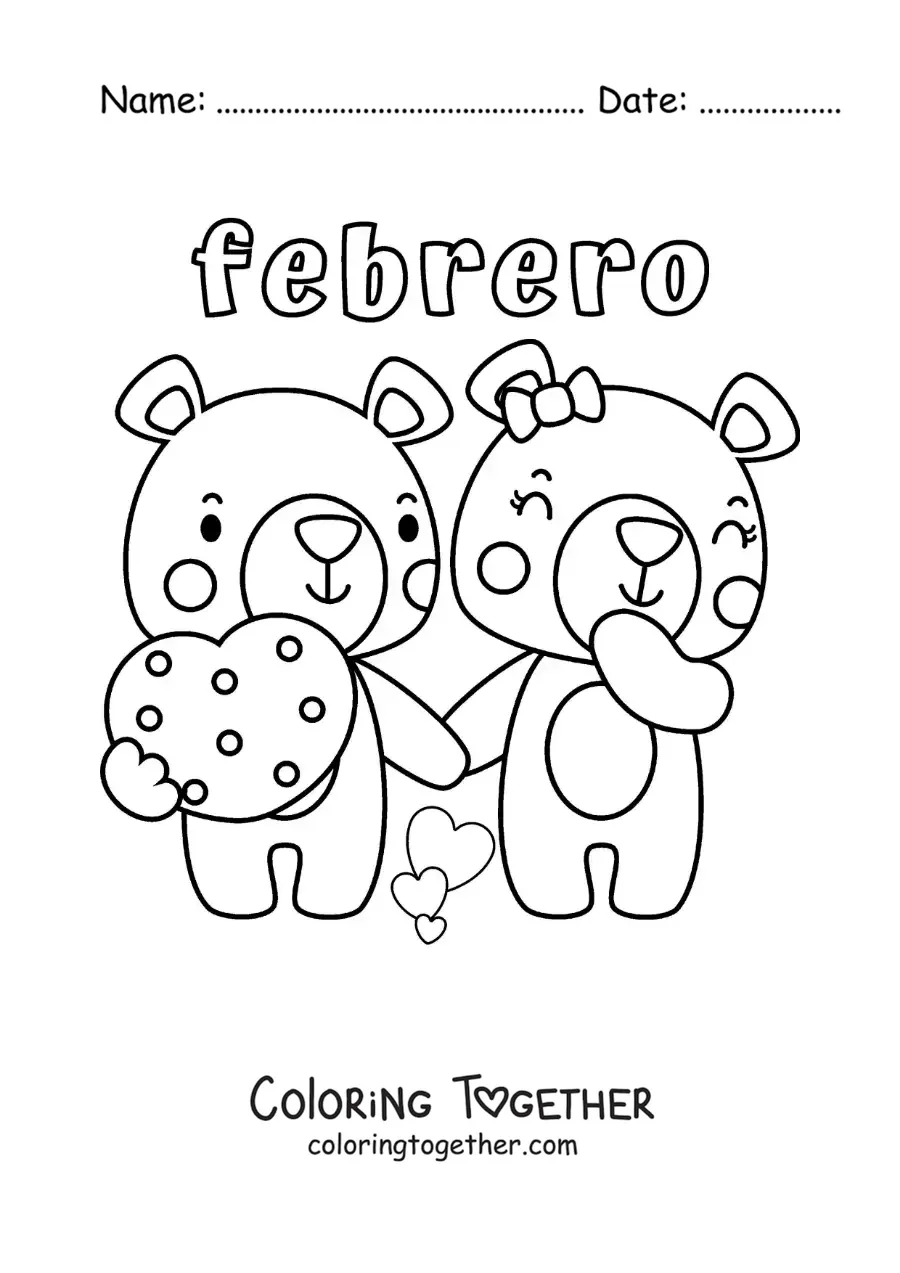 Coloring page of February with Valentine's bears