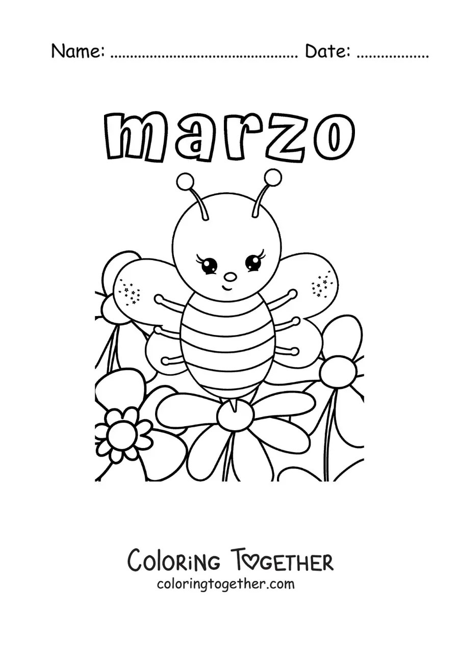 Coloring page of March with an animated bee in spring