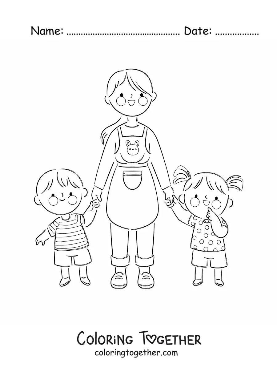 Coloring page of a teacher holding hands with two kindergarten students
