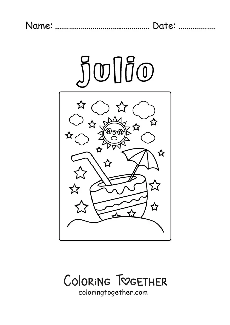 Coloring page of July with an animated sun in summer