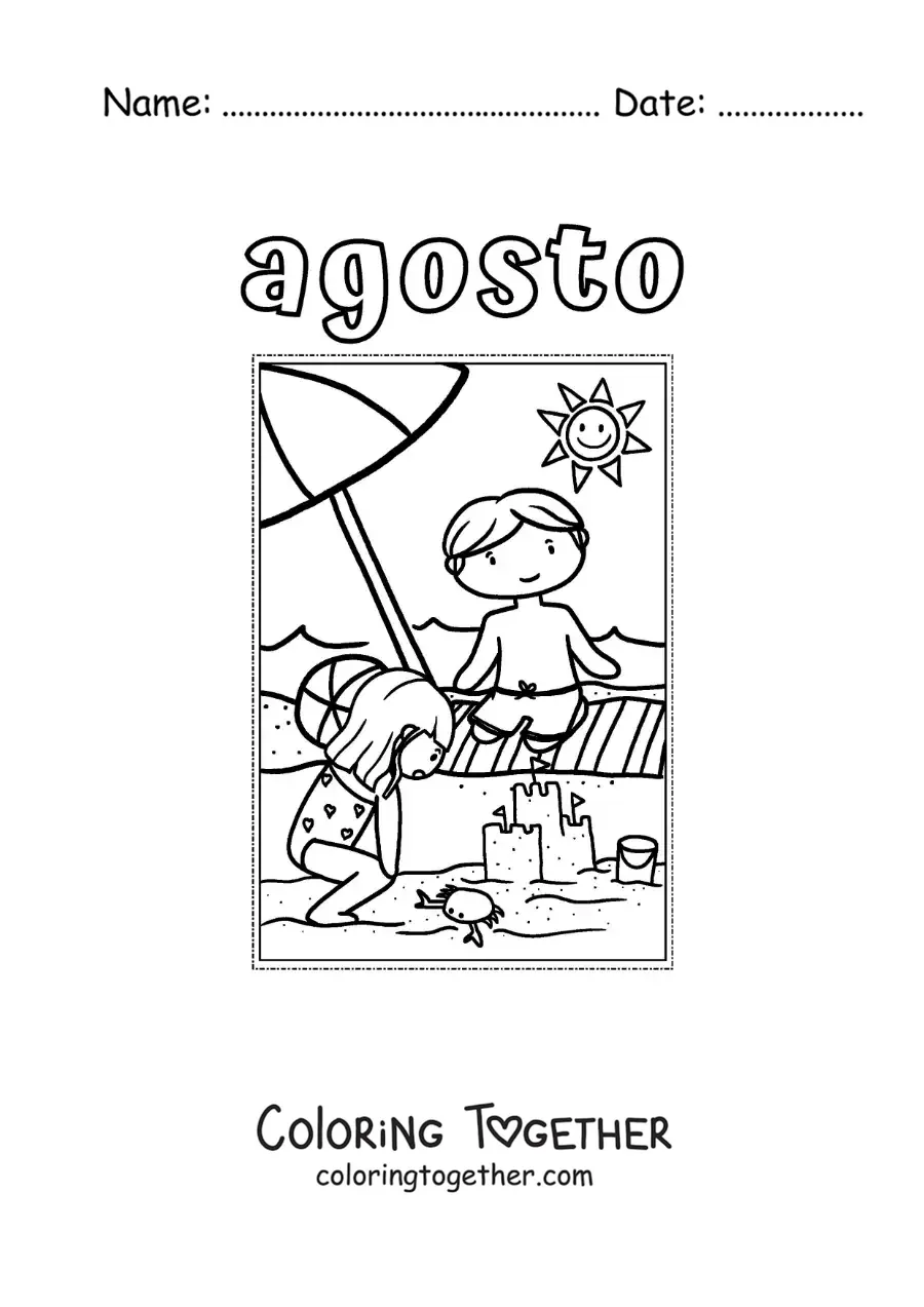 Coloring page of August with kids on vacation at the beach