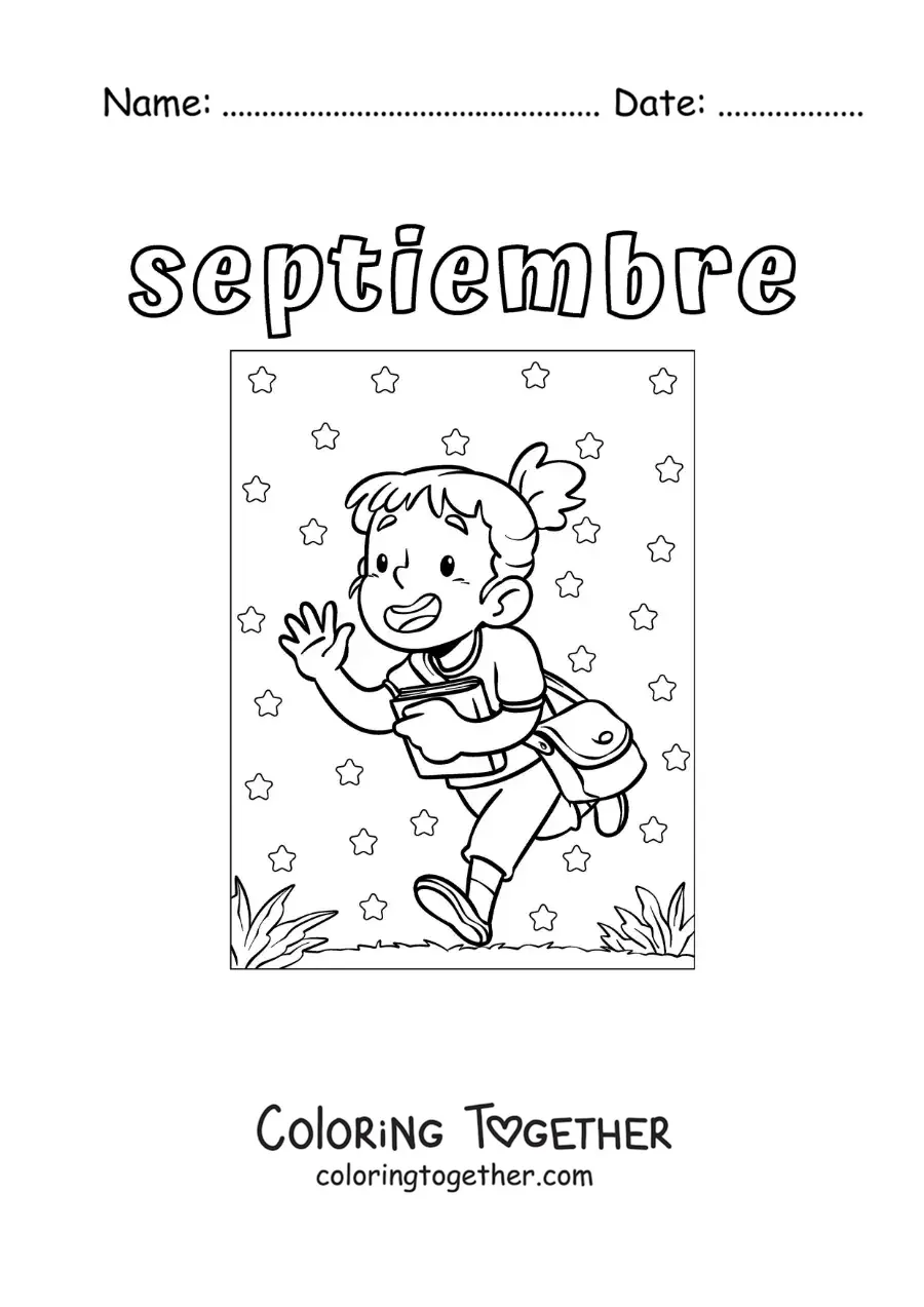 Coloring page of September with a girl on the way to school
