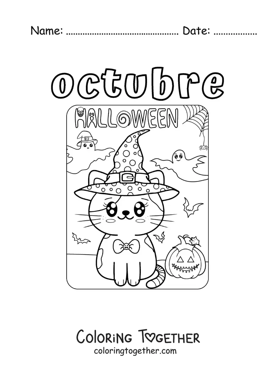 Coloring page of October with a cute cat on Halloween
