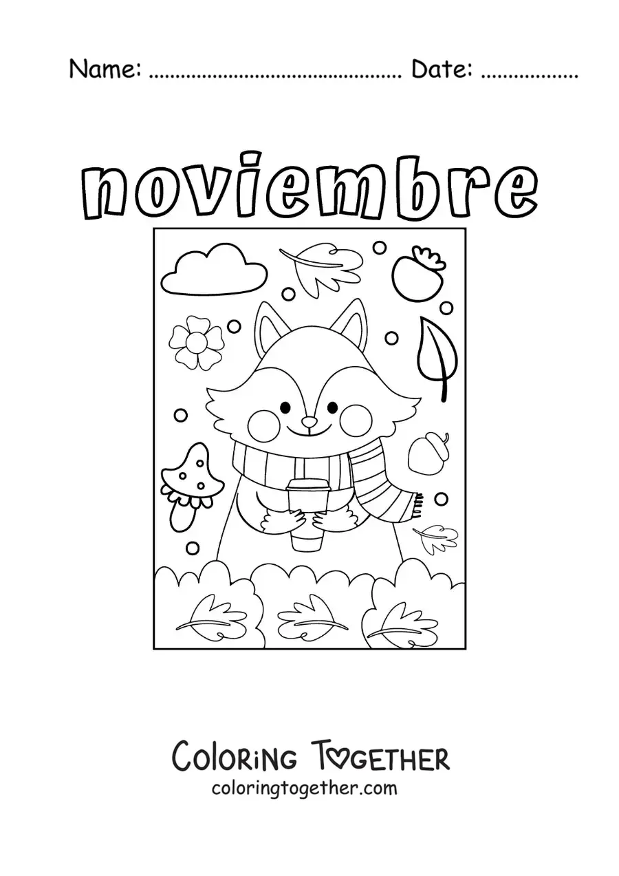 Coloring page of November with an animated fox in autumn