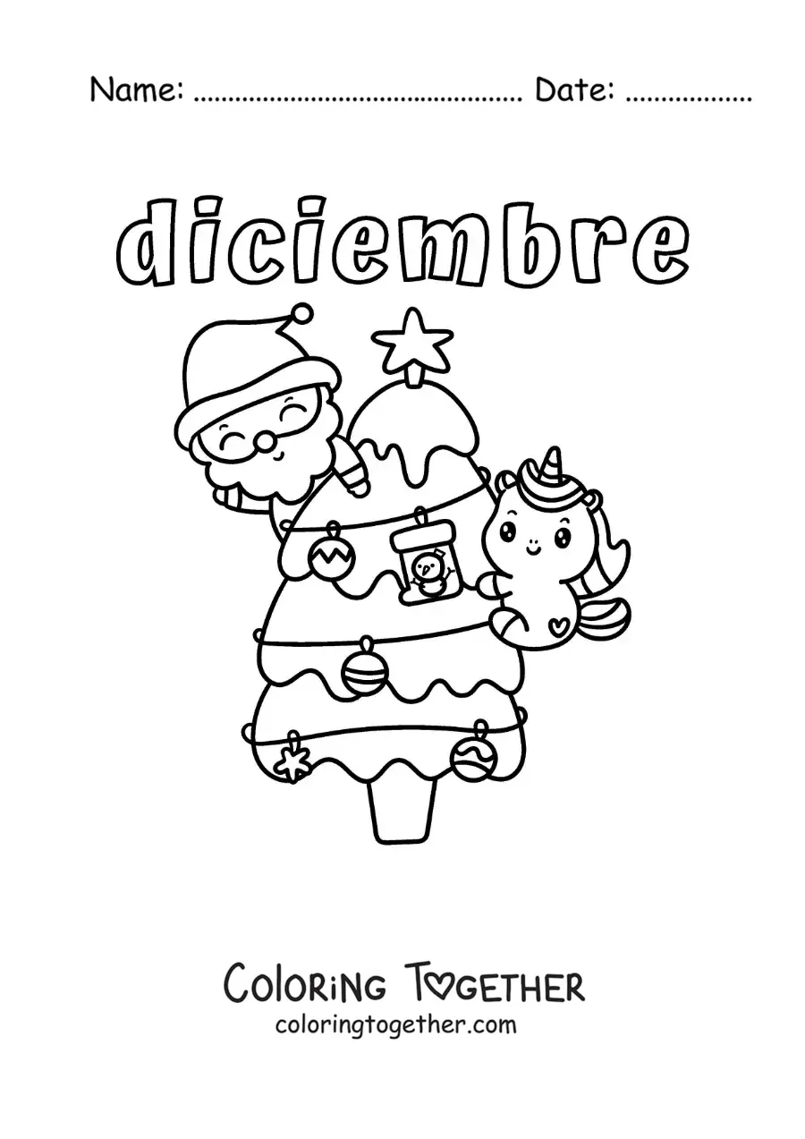 Coloring page of December with Santa and a unicorn on the little tree