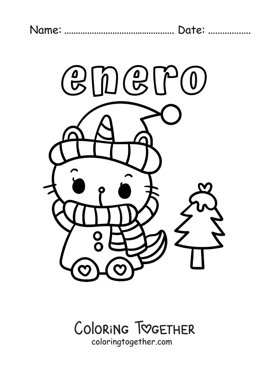 Coloring page of January with a bundled-up kitten and a snowy pine