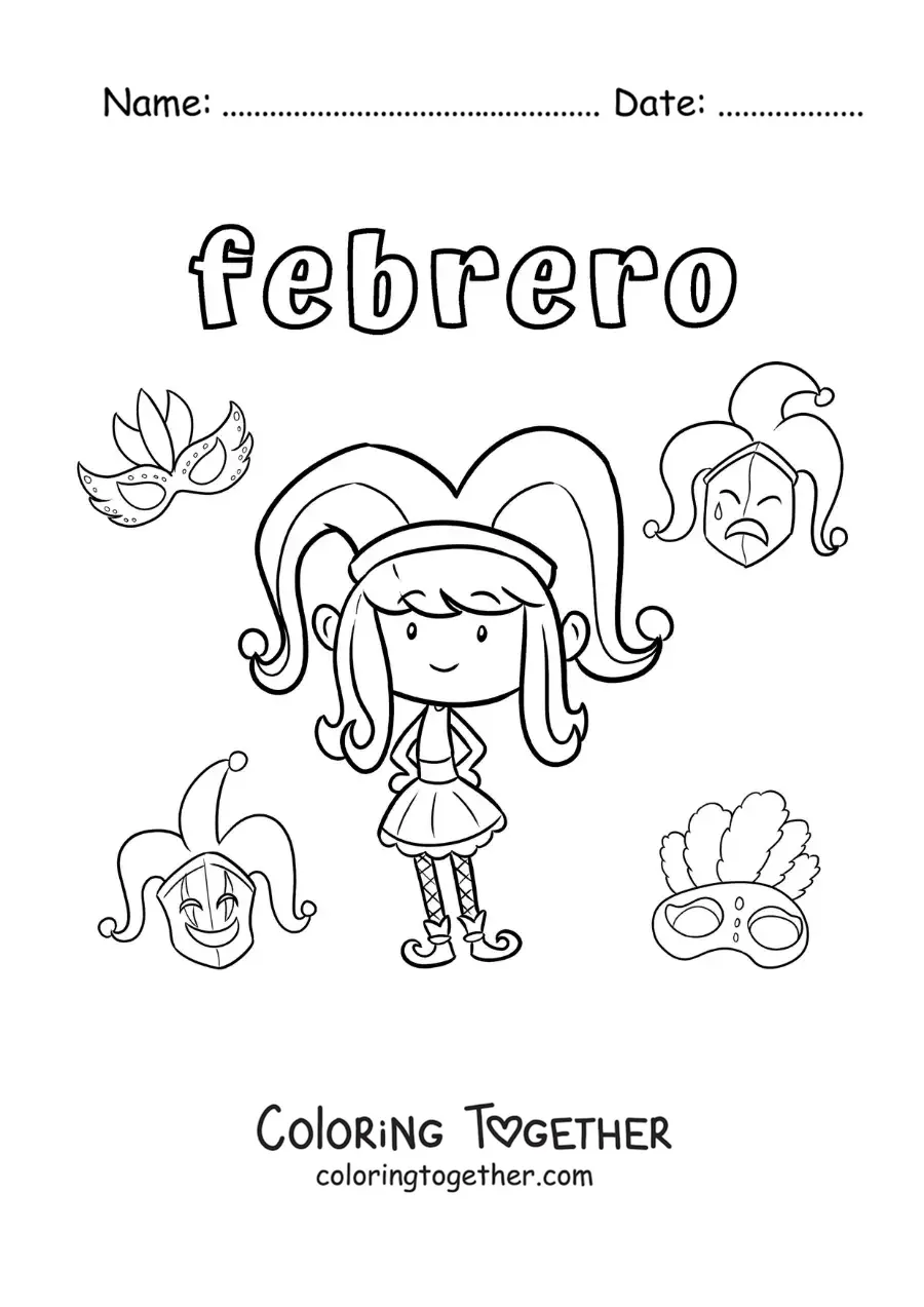 Coloring page of February with a girl at Carnival