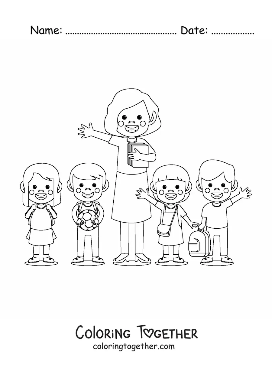 Coloring page of a teacher with several primary school students