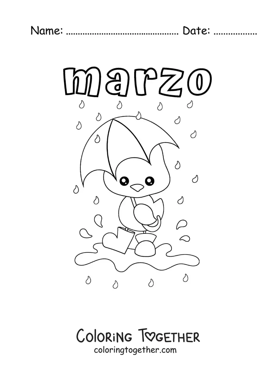 Coloring page of March with an animated duck in the rain