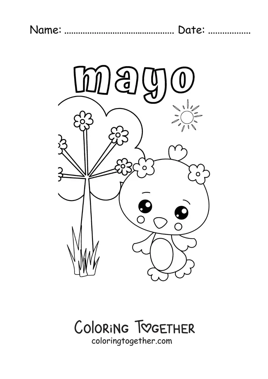 Coloring page of May with an animated bird in spring