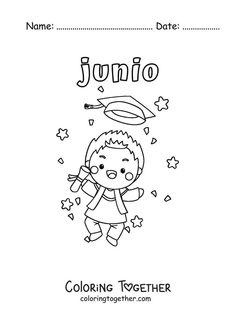 Coloring page of June with a child in a cap and gown holding a diploma