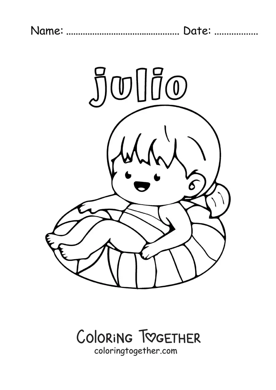 Coloring page of July with a girl in the pool