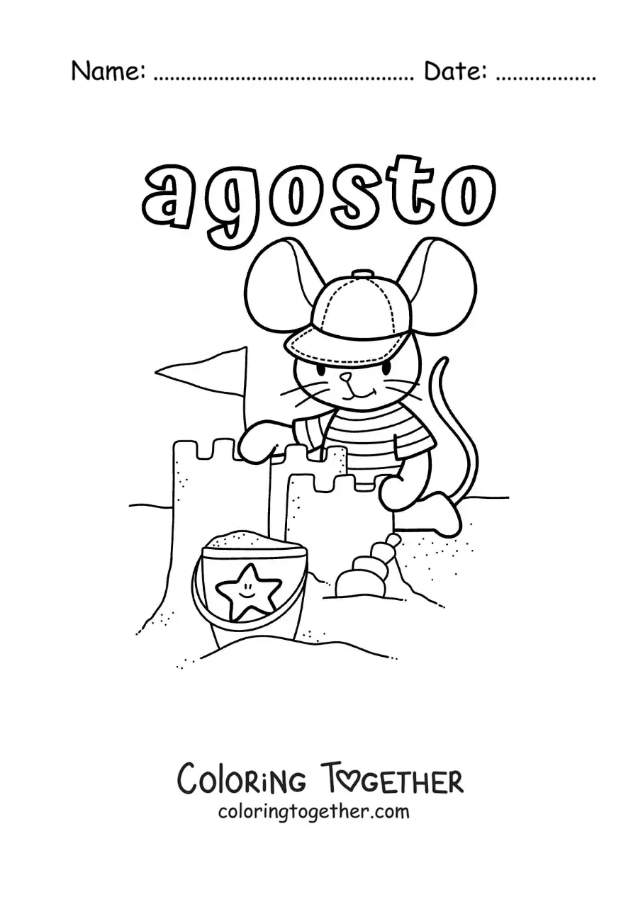 Coloring page of August with a cartoon mouse building a sandcastle