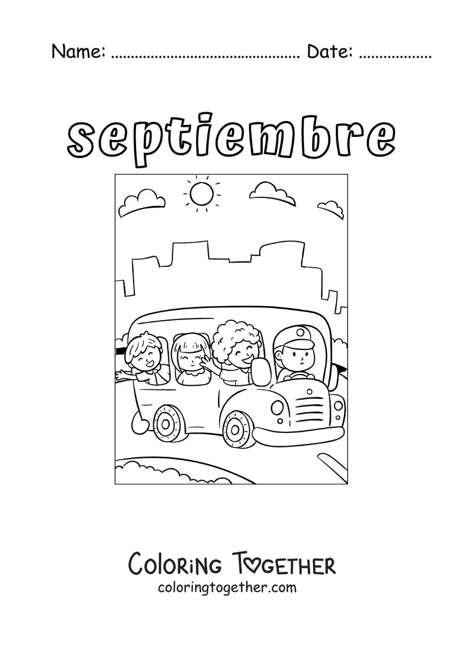 Coloring page of September with a school bus