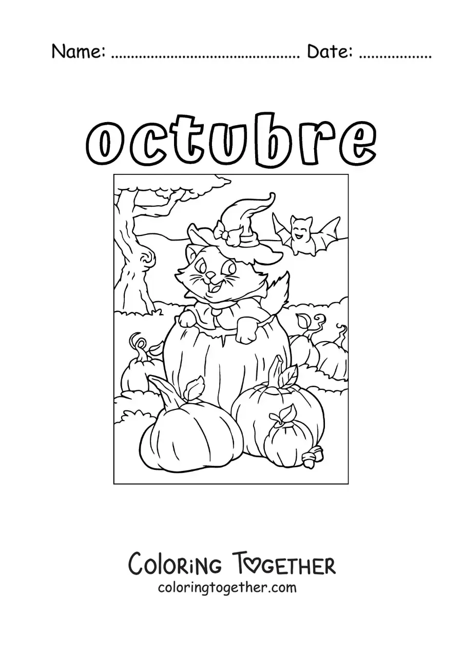 Coloring page of October with a cartoon cat on Halloween
