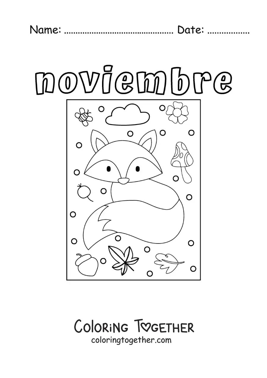 Coloring page of November with a fox in autumn