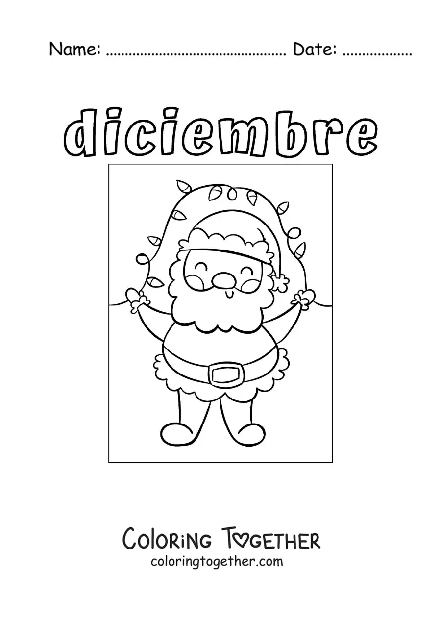 Coloring page of December with Santa and decorative lights