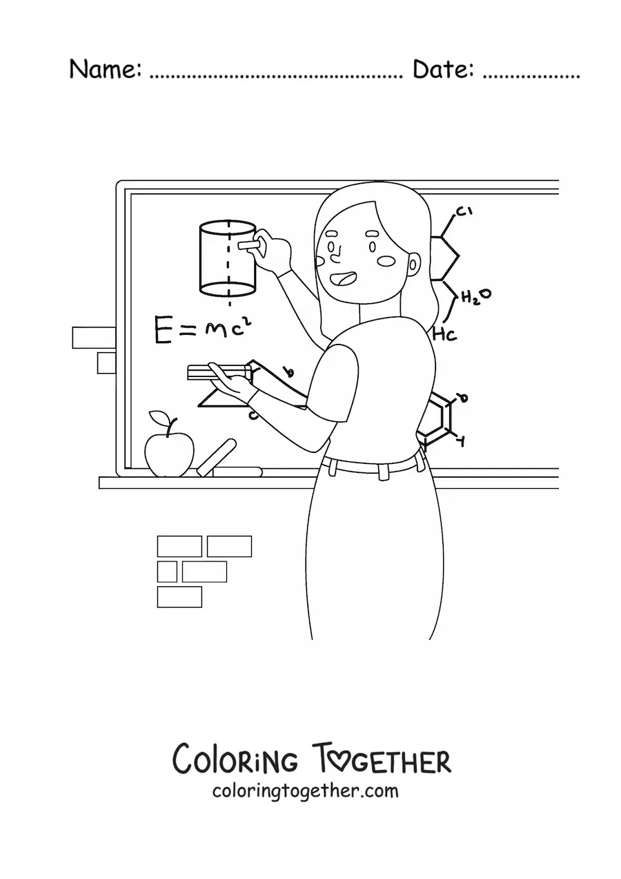 Coloring page of a science teacher explaining a formula