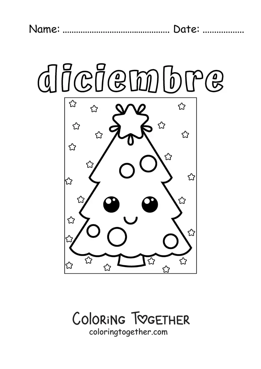 Coloring page of December with a cartoon Christmas tree