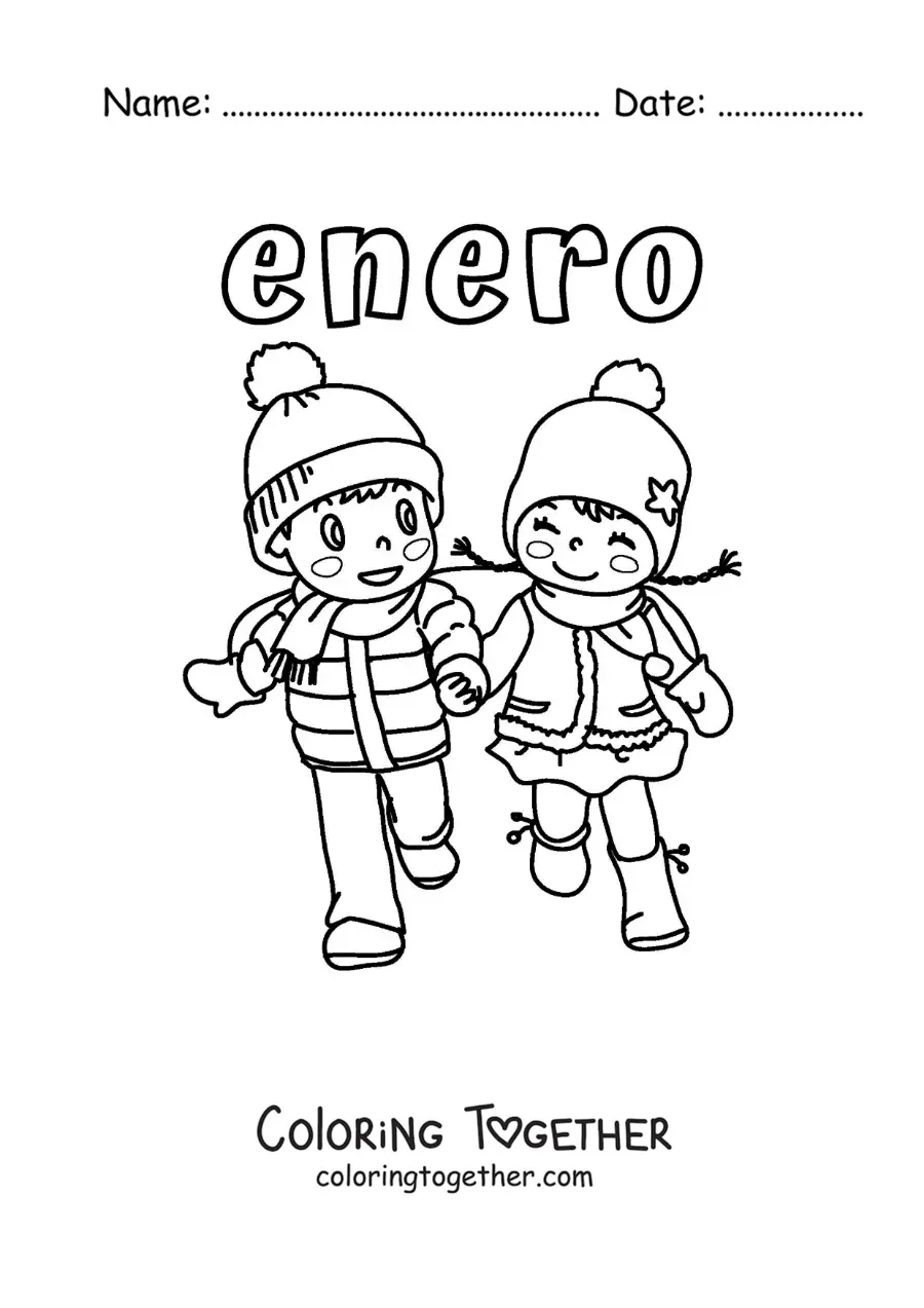 Coloring page of January with two kids in winter clothes