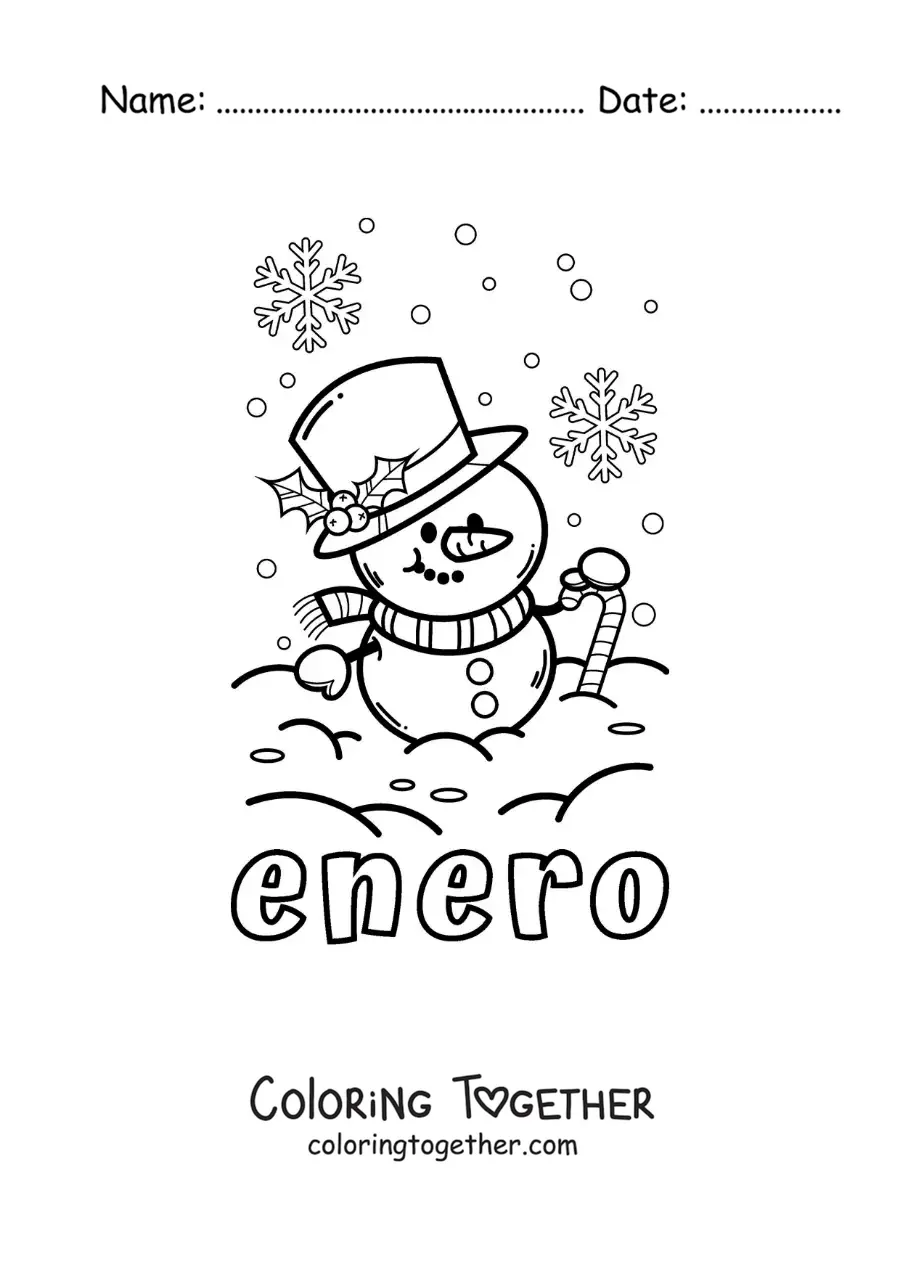 Coloring page of January with a cartoon snowman