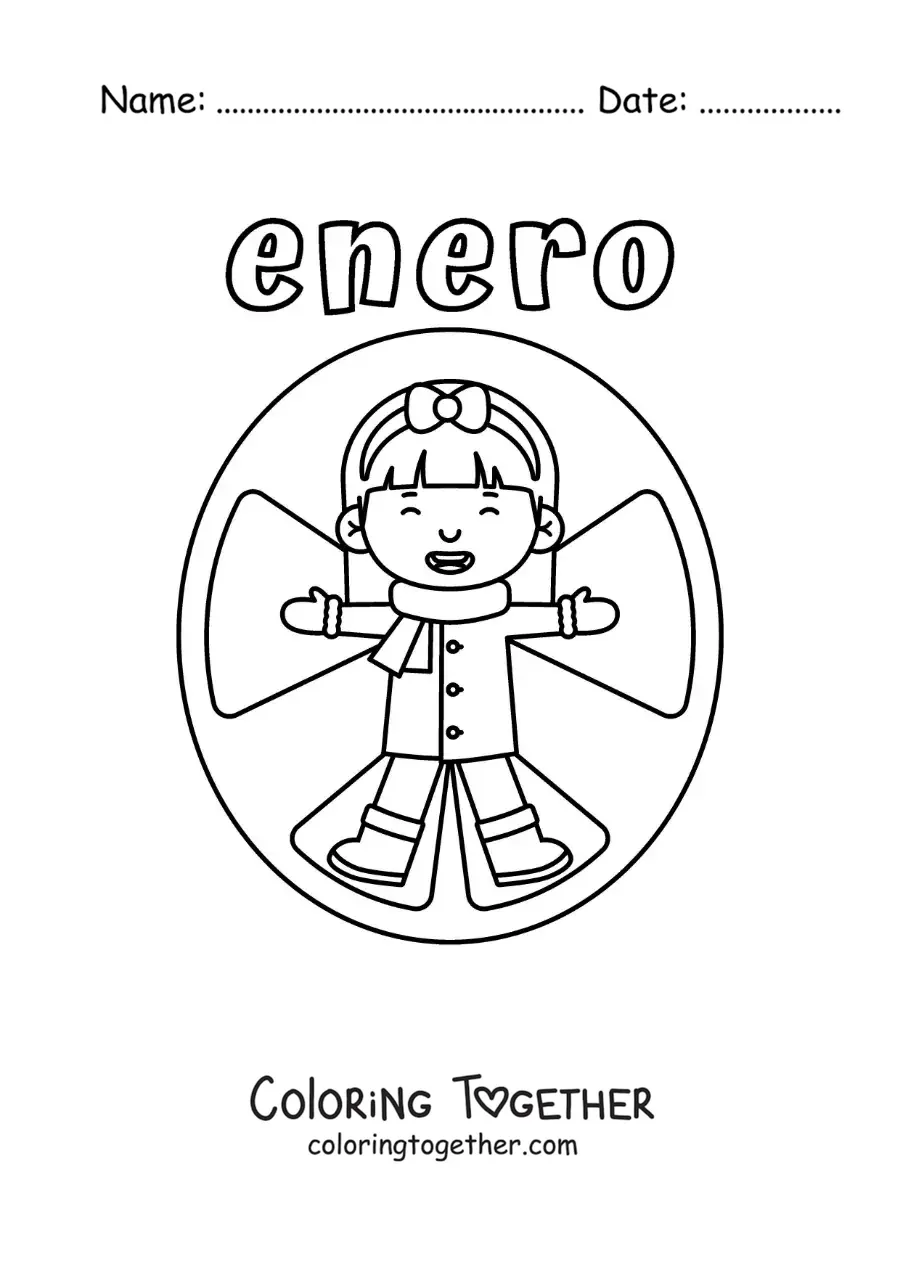 Coloring page of January with a girl making a snow angel