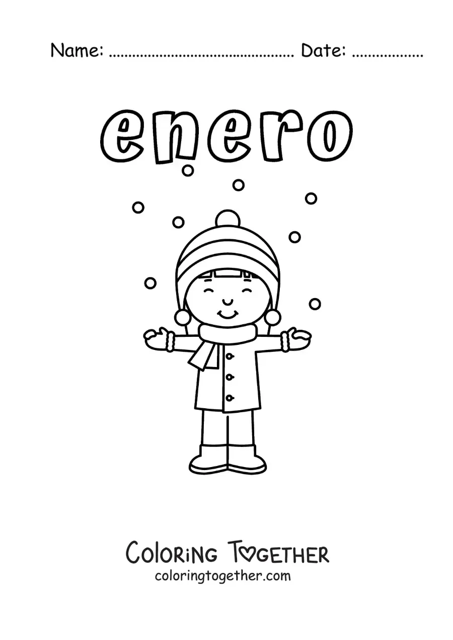 Coloring page of January with a boy in the snow