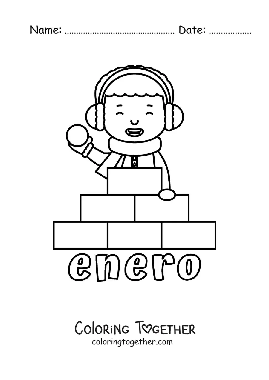 Coloring page of January with a boy playing in the snow