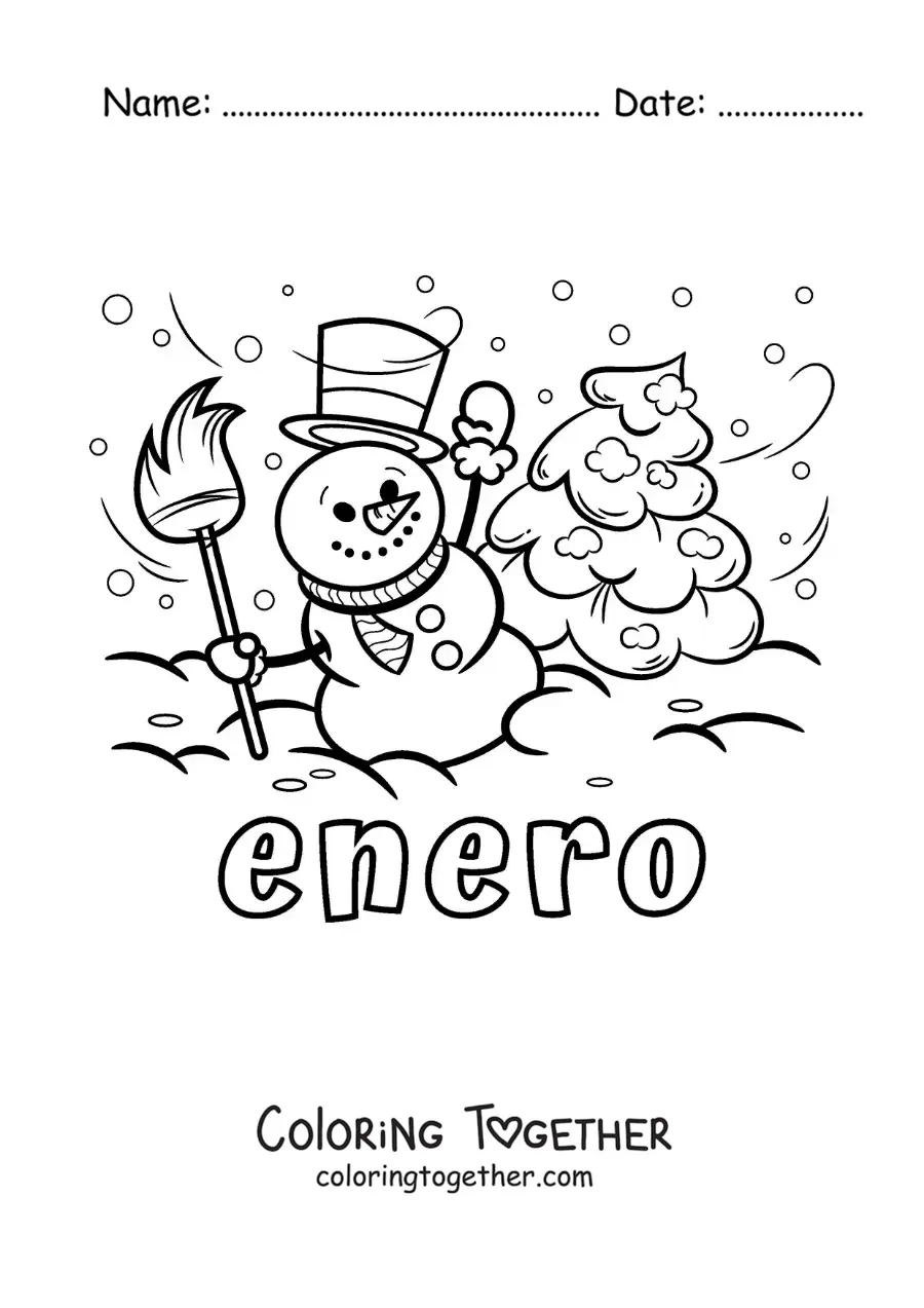 Coloring page of January with a cartoon snowman and a pine tree