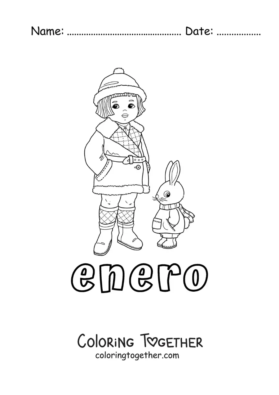 Coloring page of January with a girl in winter clothes