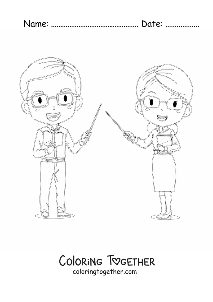 Coloring page of a couple of teachers with pointers