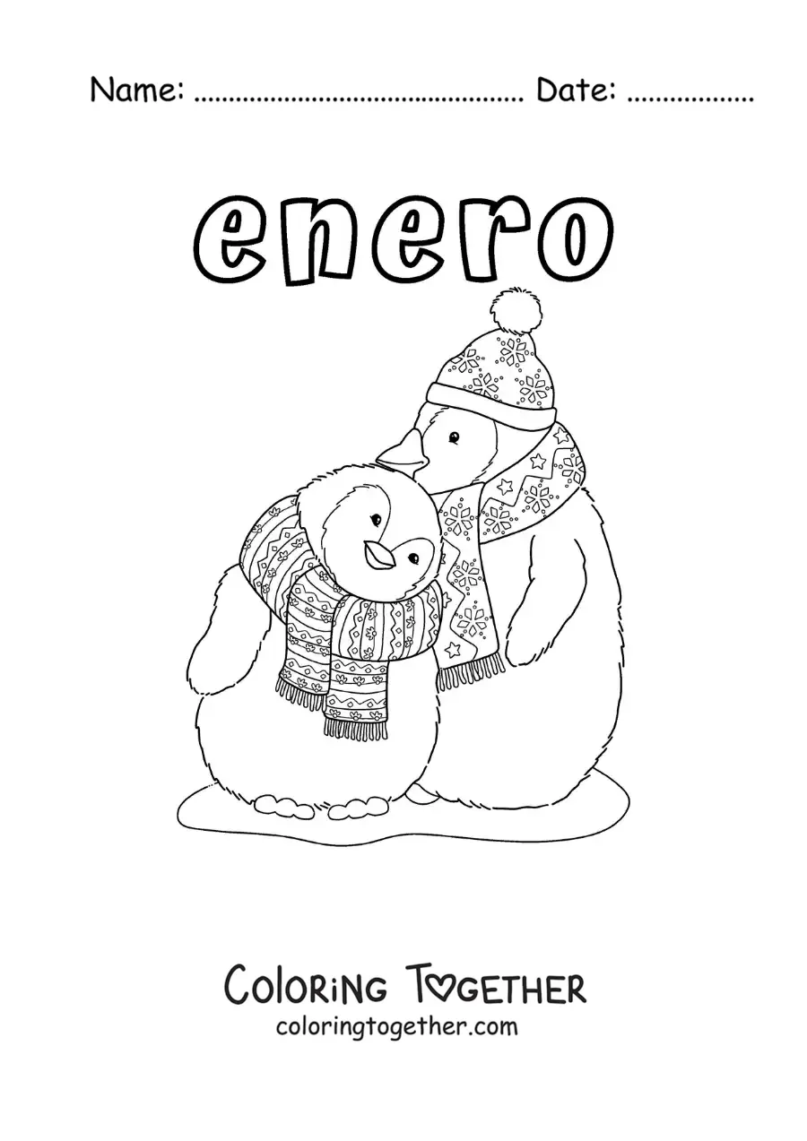 Coloring page of January with penguins wearing scarves