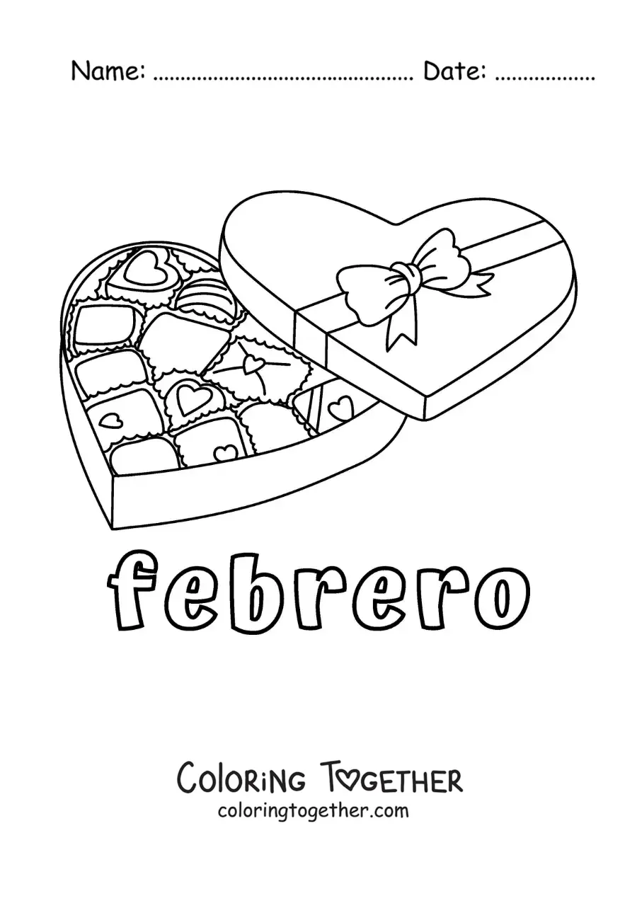 Coloring page of February with a box of Valentine's Day chocolates